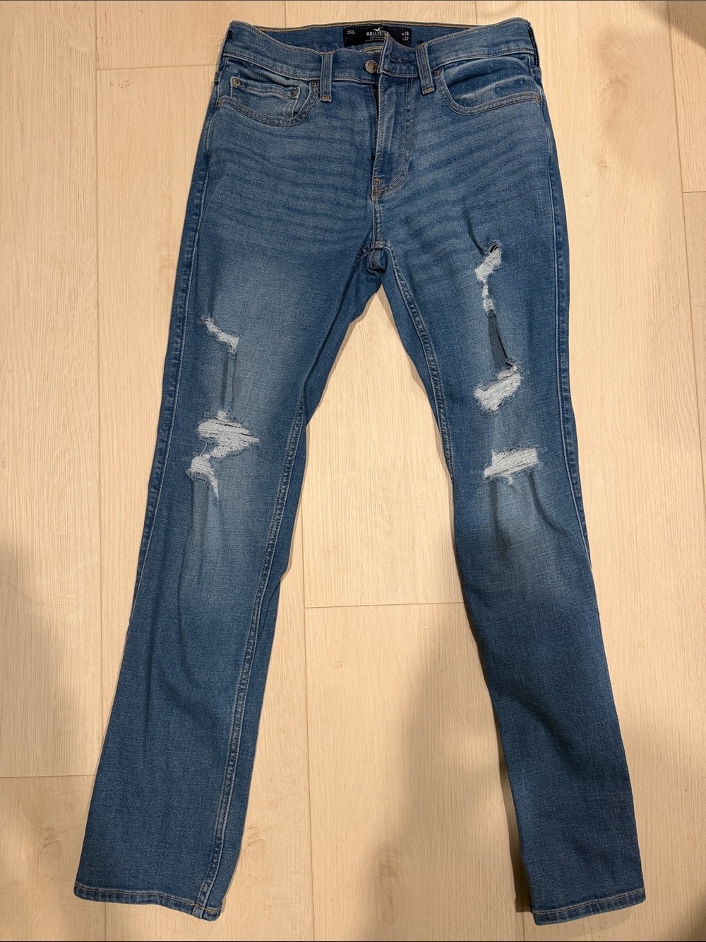 Hollister Medium Blue Distressed Straight-Leg Jeans